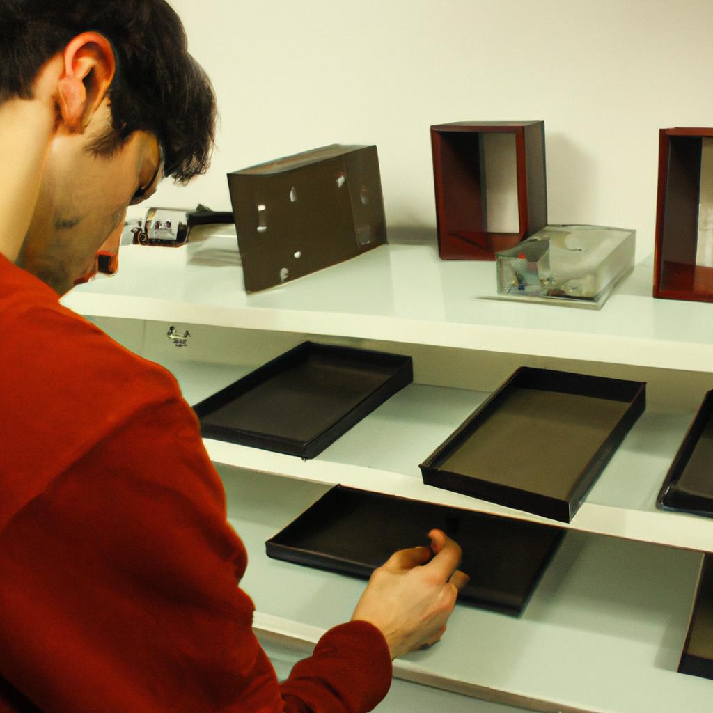 Person browsing cabinet accessory options