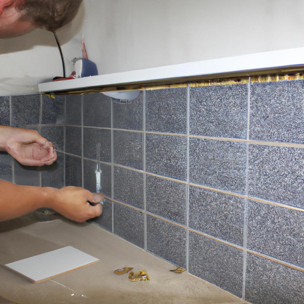 Person installing porcelain tile backsplash