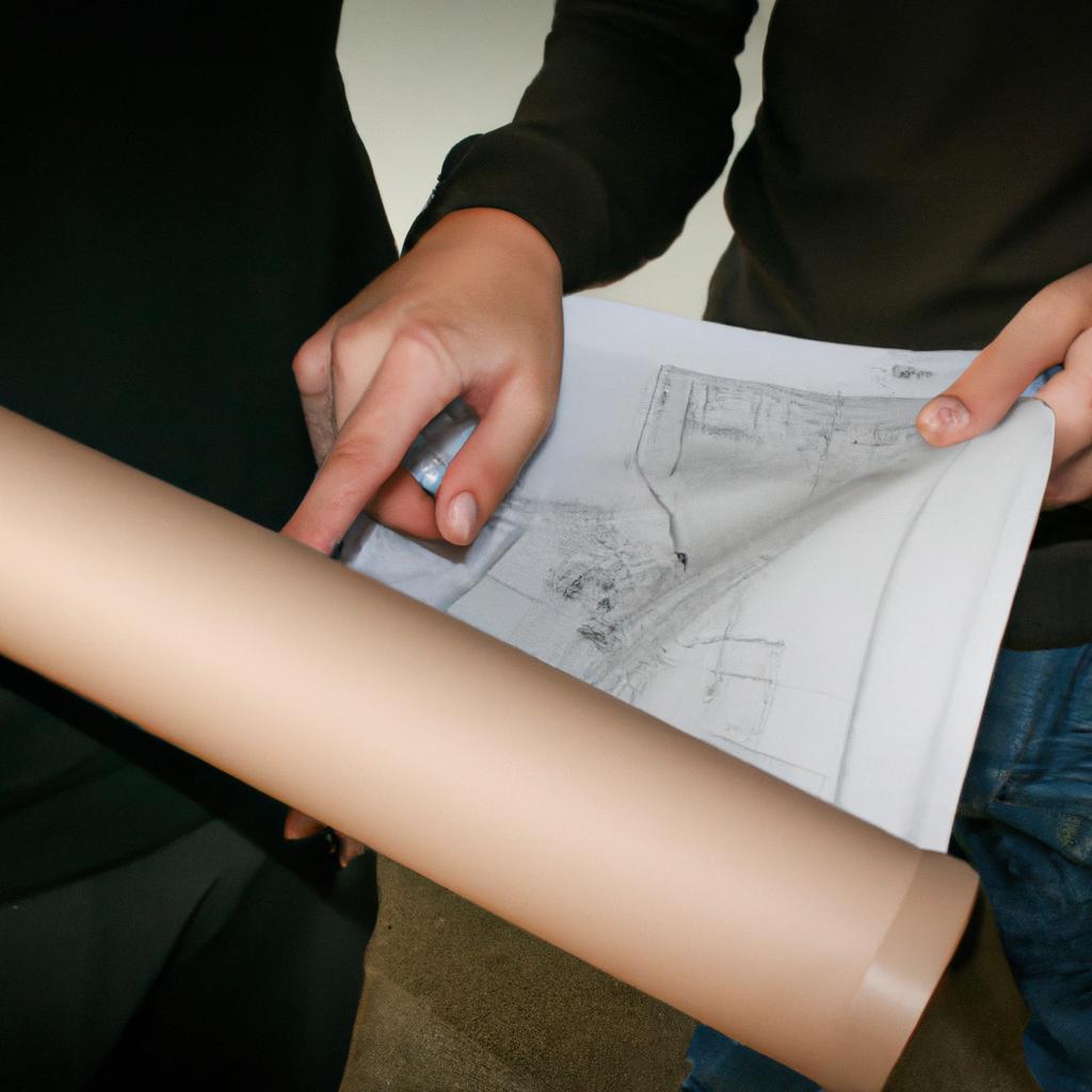 Person holding blueprints, discussing plans