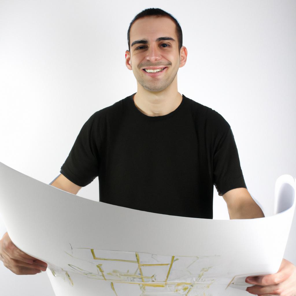 Person holding a blueprint, smiling